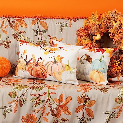 ONWAY Fall Pumpkin Throw Pillow Covers, 12x20 Inch Set of 2, Orange