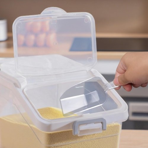 LECEHIVO 5 Pcs Rice Storage Container with Wheels 28 lb Airtight Flour Cereal Grain Organizer Box with Measuring Cup and Flour Scoops Clear Cube Pet Food Bin for Dog Cat Birds Baking Supplies