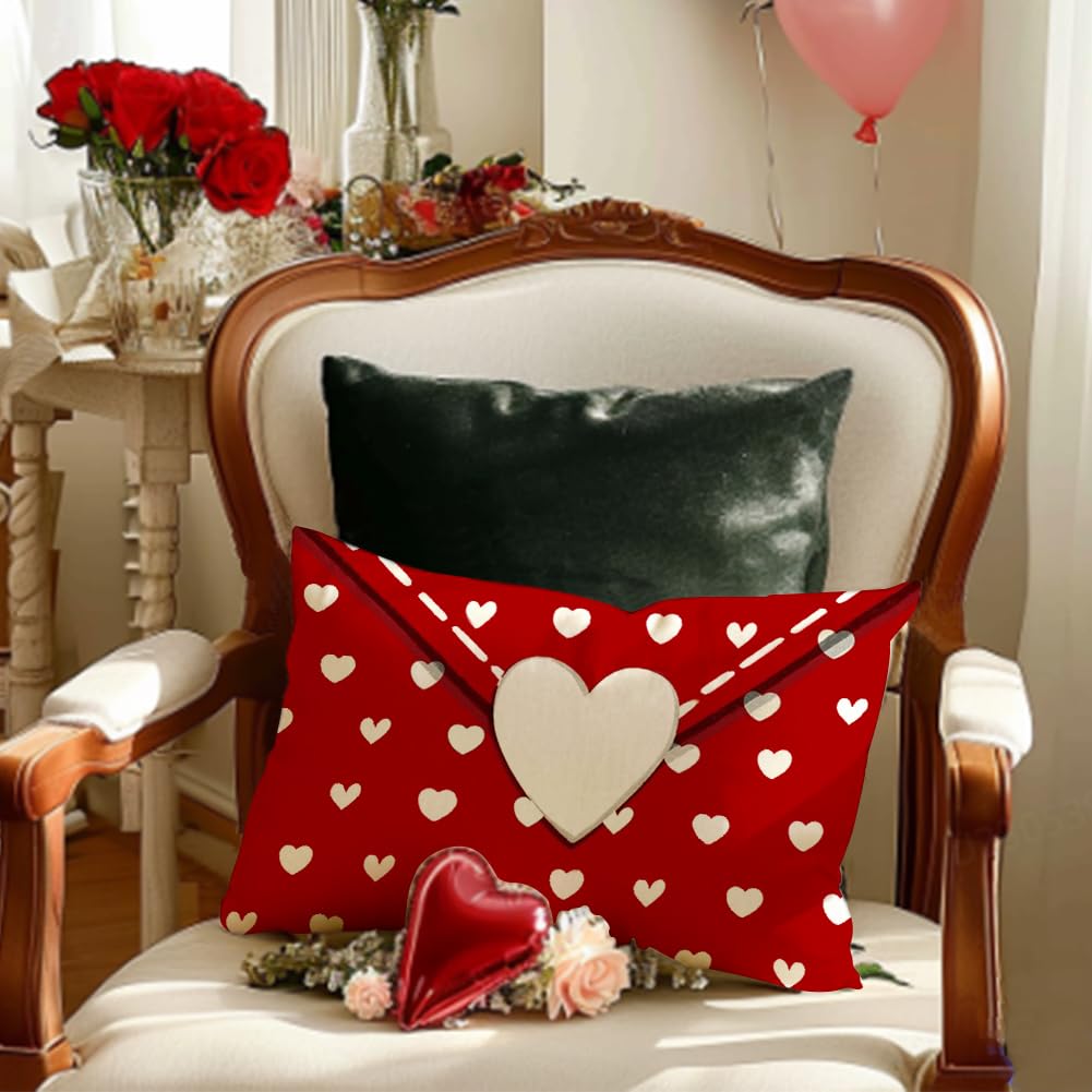RABUSOFA Valentines Pillow Covers 12x20 inch Valentines Day Decoration Red Love Heart Anniversary Wedding Lumbar Throw Pillowcase for Couch Home Decor Red