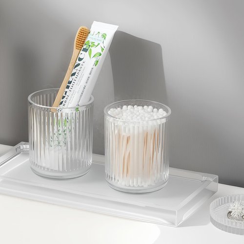 rejomiik Glass Qtip Holder Dispenser 2 Pack, Bathroom Canister Apothecary Jars with Lids, Vanity Makeup Accessories Storage Organizer for Cotton Swabs, Cotton Balls, Pads, Floss Picks, Clear