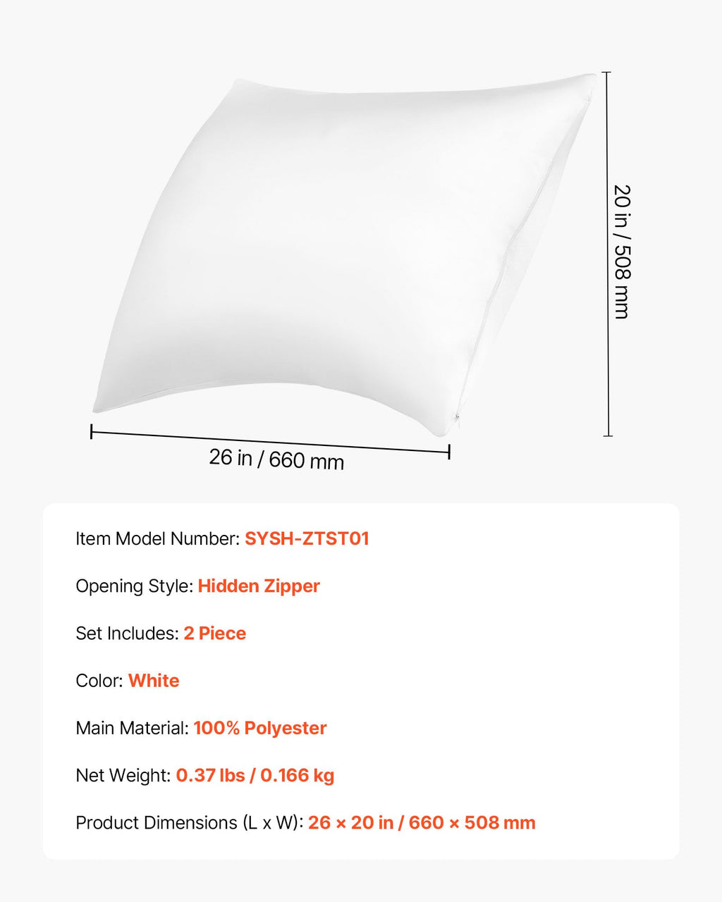 VEVOR Satin Pillowcase, 2 Pack Standard Size Satin Pillow Cases for Hair and Skin, Similar to Silk Pillowcases with Hidden Zipper, Smooth, Soft and Breathable Cooling Pillowcase, for Sleeping (White)