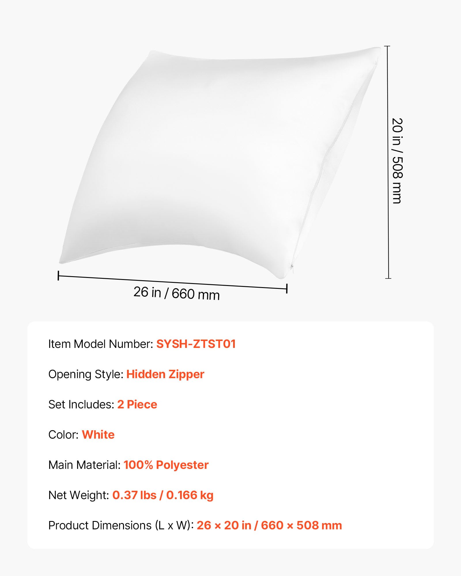 VEVOR Satin Pillowcase, 2 Pack Standard Size Satin Pillow Cases for Hair and Skin, Similar to Silk Pillowcases with Hidden Zipper, Smooth, Soft and Breathable Cooling Pillowcase, for Sleeping (White)
