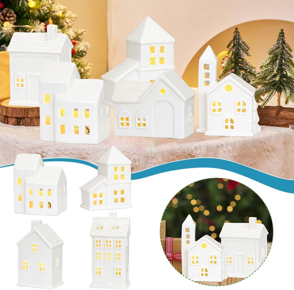 Regine Switzerland Christmas Village Houses - White Ceramic Set with Illumination & Remote Control | Rustic Holiday Decor for Tabletop Display