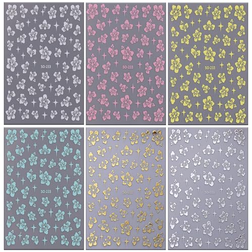 3D Hibiscus Flower Nail Art Stickers - 6 Sheets Self-Adhesive Floral Decals