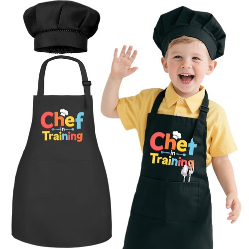 KAXAHHE Kids Chef Apron Hat Set - Adjustable Children's Cooking Apron with 2 Pockets, Black, for Boys Girls Age 3-8 (Chef in Training)