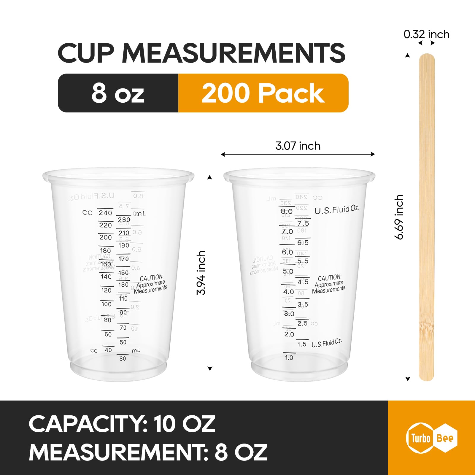 Turbo Bee Plastic Measuring Cups 8OZ,200 PACK Disposable Mixing Cups with 200 Mixing Sticks,Paint Graduated Measuring Tumblers for Epoxy Resin, Paint Mixing, Art DIY