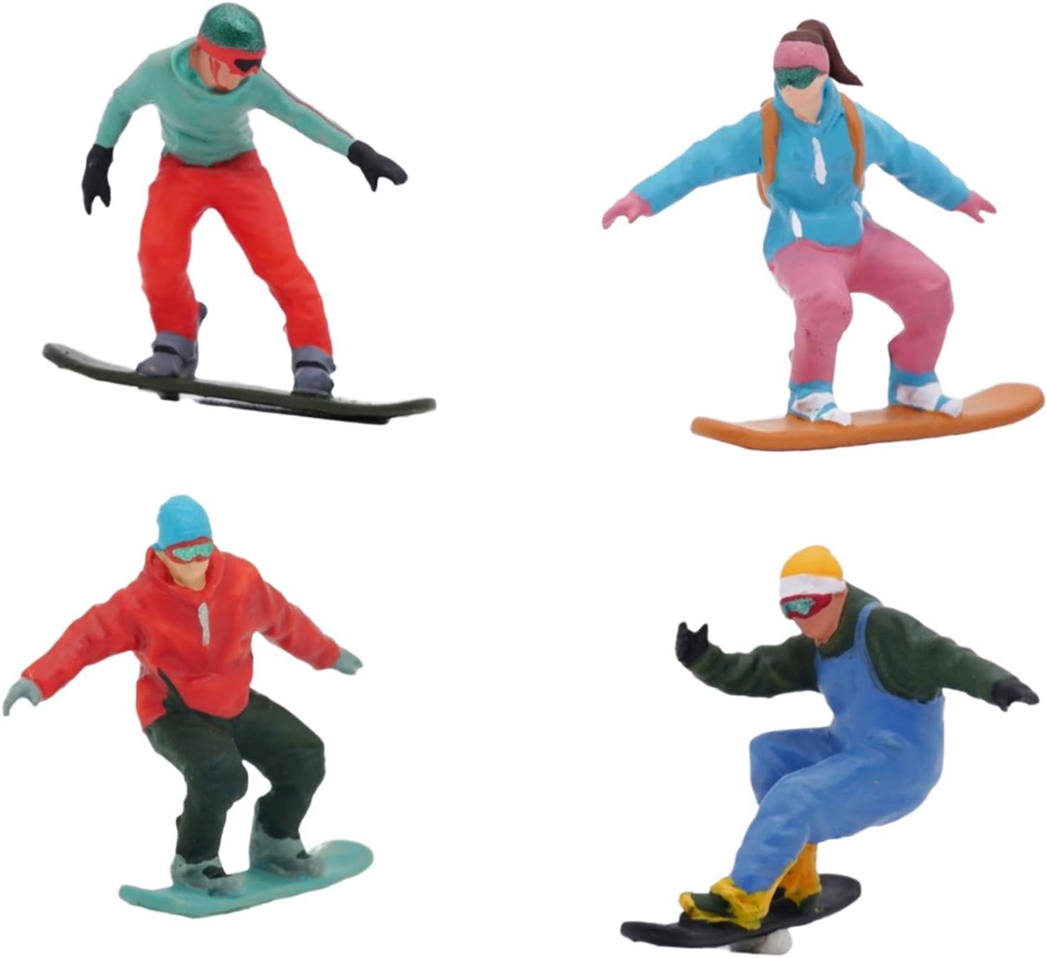 Menolana Miniature Skier Figurines - 4Pcs 1/64 Scale Snowboarding Models for Dollhouse & Railway Decor