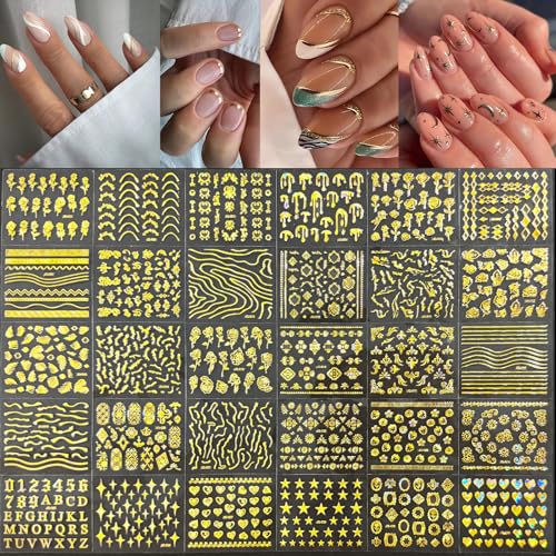 30 Sheets Gold Nail Art Stickers 3D Self Adhesive Star Flower Decals
