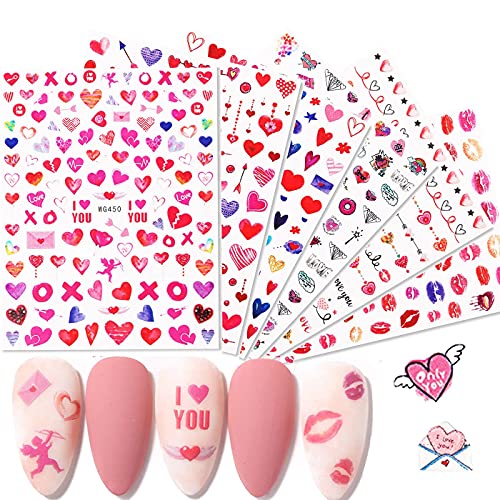 Valentine Hearts Nail Art Stickers 3D Self Adhesive Red Love Decals 6 Sheets