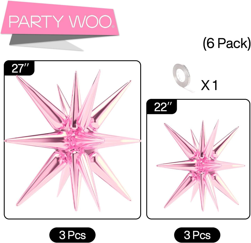 PartyWoo Pink Star Foil Balloons - 6-Piece Mylar Set for Birthday, Gender Reveal & Baby Shower | 22-Inch