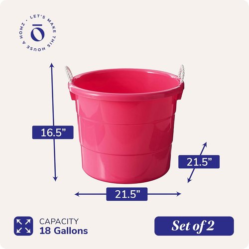 HOMZ 18 Gallon Utility Tub - Large Pink Plastic Storage Bucket with Rope Handles for Indoor/Outdoor Use