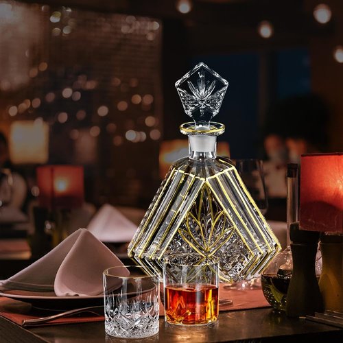 Hand-painted Gold Decanter Set for Men - Whiskey Decanter, Wine Aerator, and 2 Glasses, Liquor Bottles, Bourbon and Tequila Decanter,crystal decanter and 2 old fashioned glass