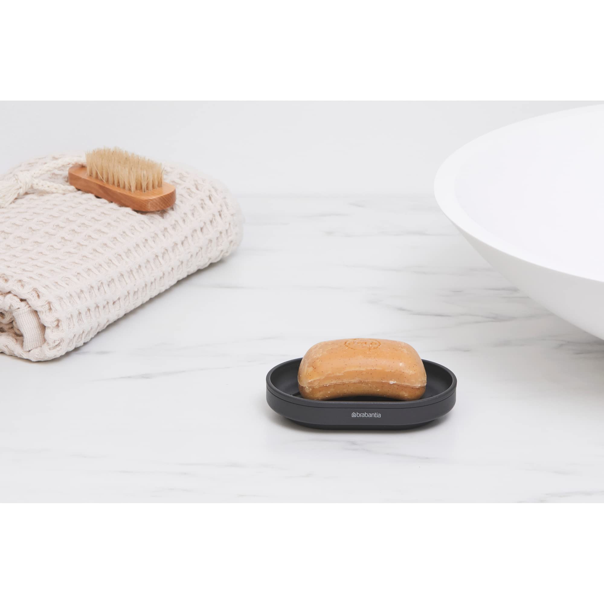 Brabantia Mindset Soap Dish (Mineral Infinite Gray) Anti-Rust Metal, Non-Slip Basin Soap Tray Holder for Bathroom, Shower, Kitchen Sink