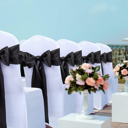 Babenest Satin Chair Sashes - 50 Pcs Upgraded Chair Ribbons & Bows for Weddings, Parties & Events | Black