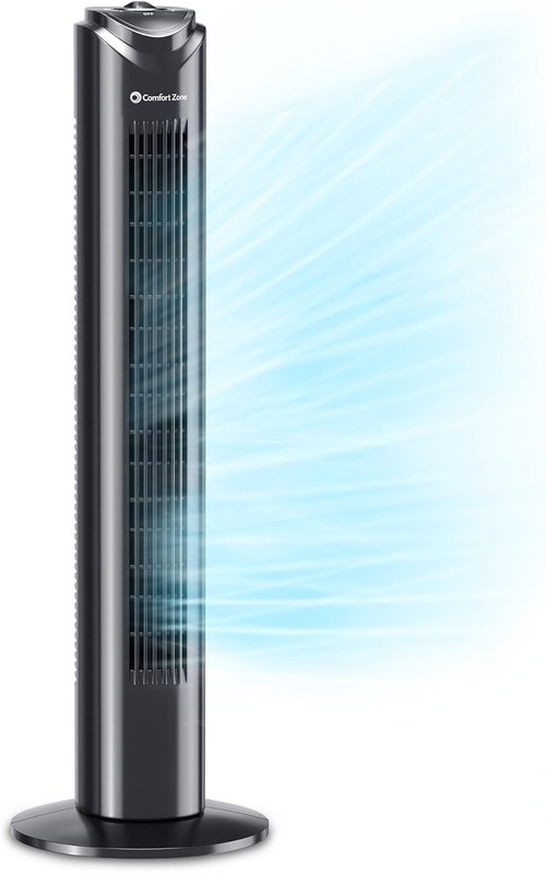Comfort Zone Oscillating Tower Fan - Ultra-Slim Bladeless Design with 3 Speeds & 90° Oscillation | Quiet Portable Fan for Home or Office, Black