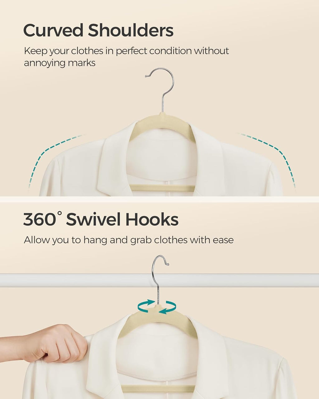 SONGMICS Velvet Hangers - 50 Pack Non-Slip Suit Hangers with Shoulder Notches & 360° Swivel Hook - Sand Beige