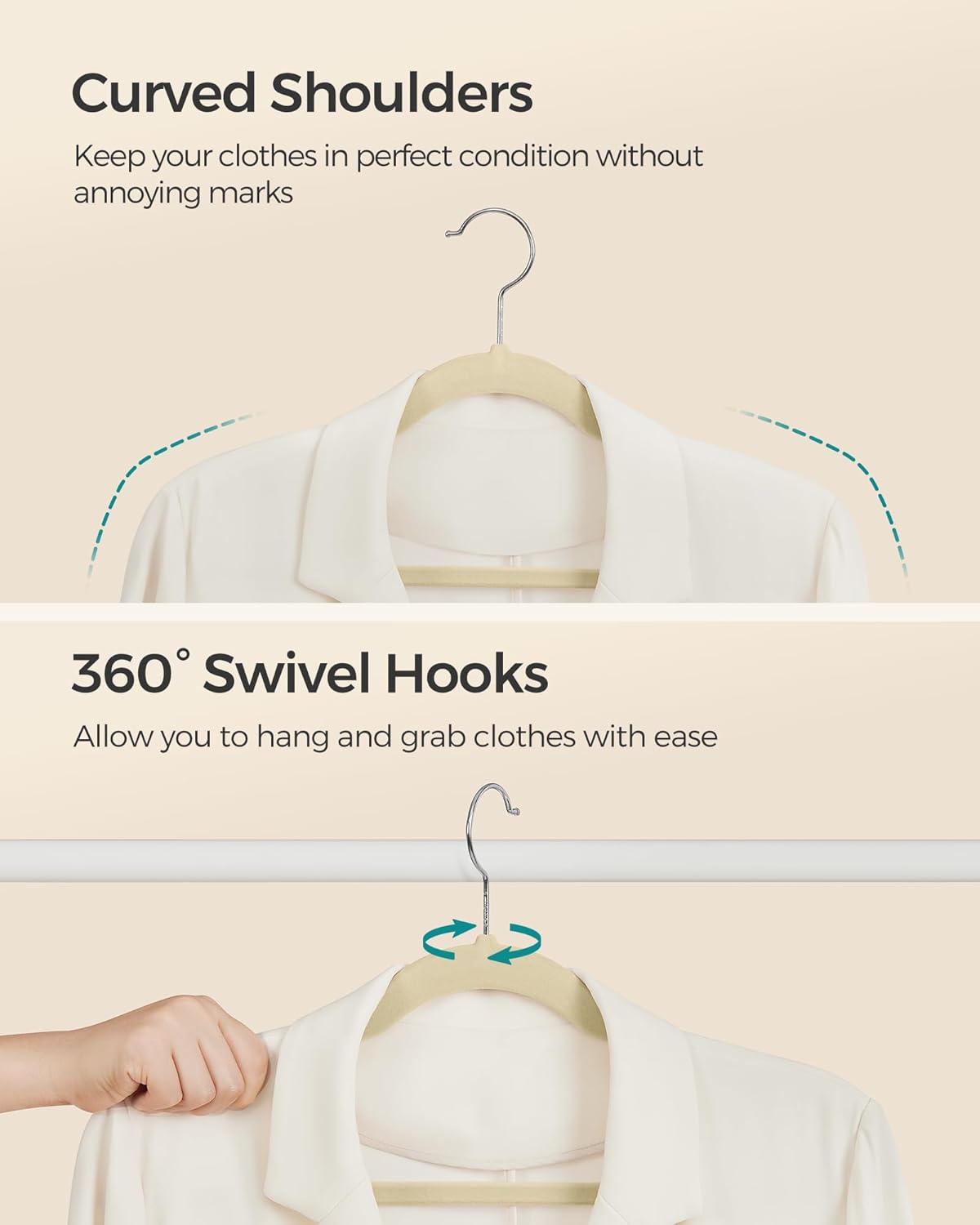 SONGMICS Velvet Hangers - 50 Pack Non-Slip Suit Hangers with Shoulder Notches & 360° Swivel Hook - Sand Beige