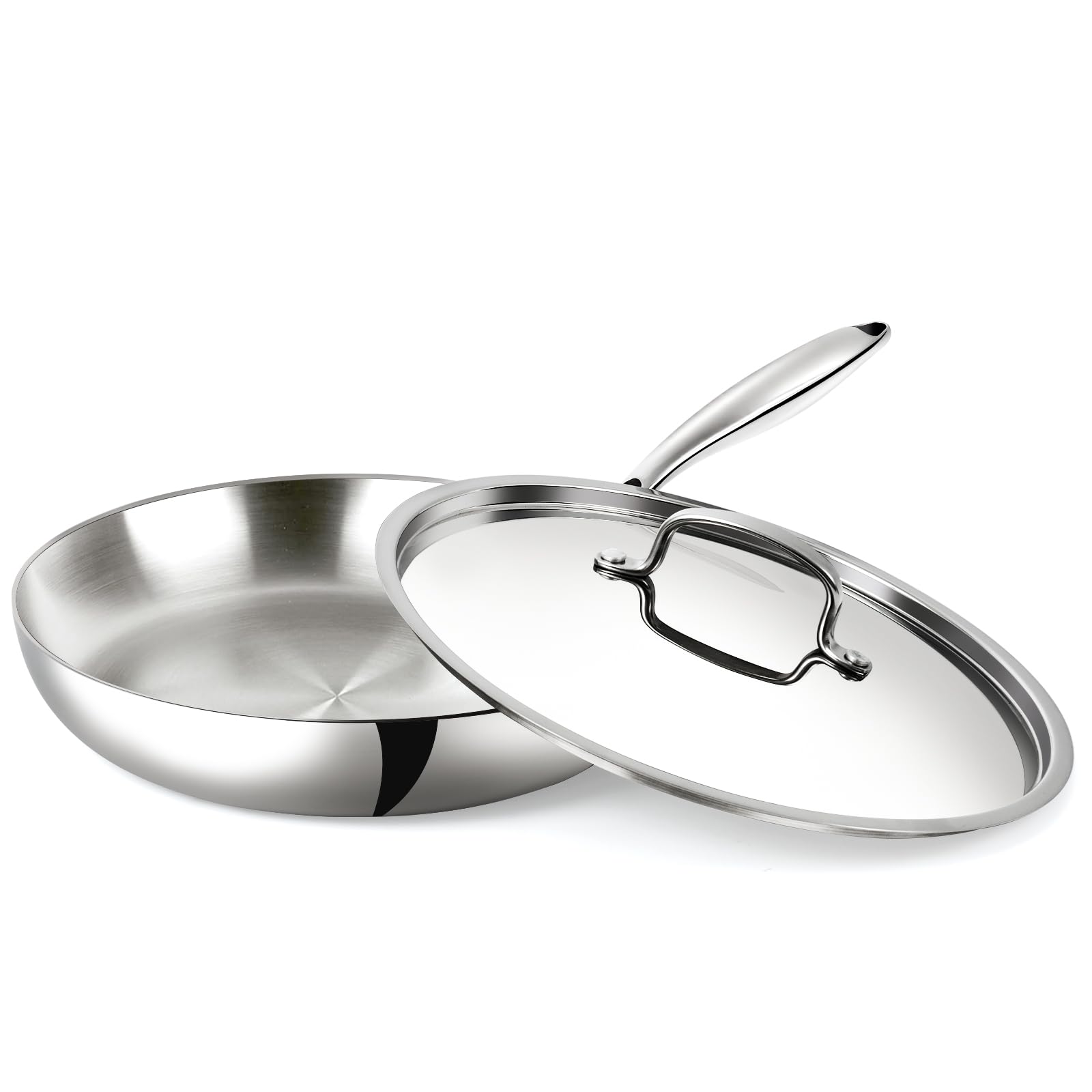 USELUCK 12 Inch Stainless Steel Frying Pan with Lid, 3-Ply Stainless Clad Skillets Fry Pan Fast & Even Heating, Oven Safe Up to 600℉ Dishwash Safe Compatible for All Cooktops Kitchen Cookware