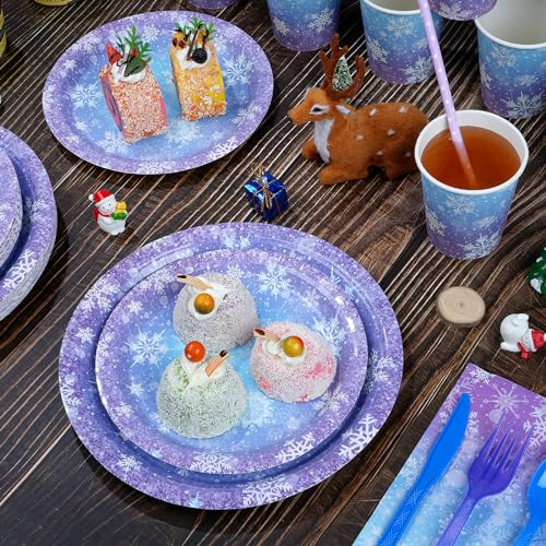 Winter Snowflake Paper Plates and Napkins Set - Blue and Purple, Serve 50