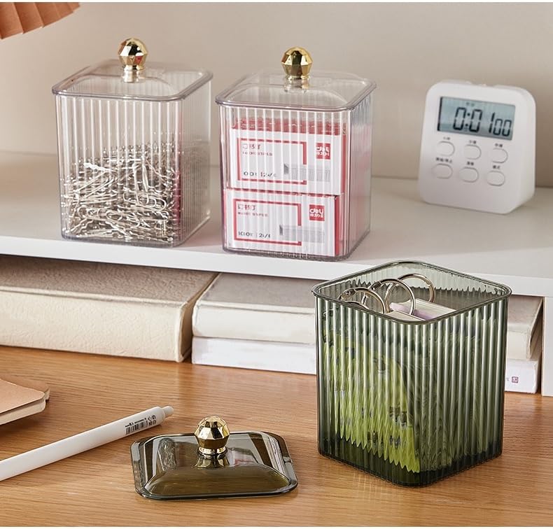 RANNYOZIO 2 Pack Acrylic Cotton Swabs Holder with Lid - Blackish Green Bathroom Organizer