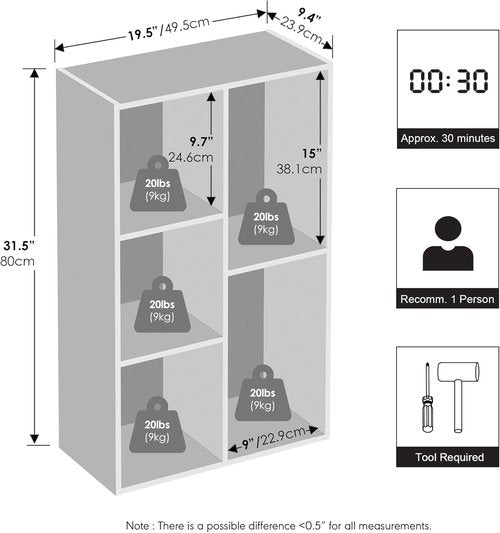 Furinno 5-Cube Closet Organizers - Reversible Storage Shelves for Bedroom | White, 9.4 x 19.5 x 31.5
