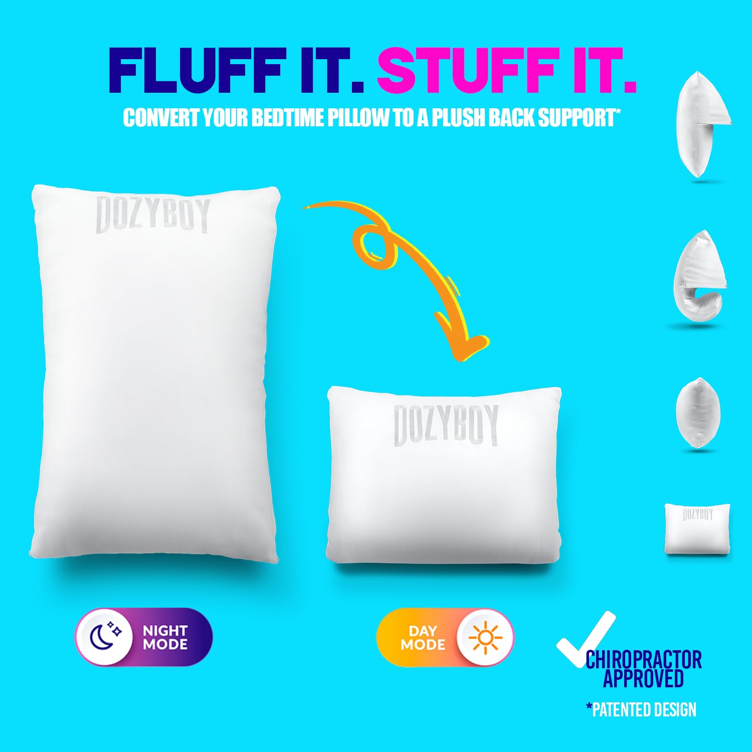 DozyBoy Fluff and Stuff Comfort Pillow | Queen Size Memory Foam Pillows, Chiropractor Designed and Approved 2-in-1 Back Support and Bed Pillows | Fully Adjustable Pillow (White, Queen (Pack of 1))