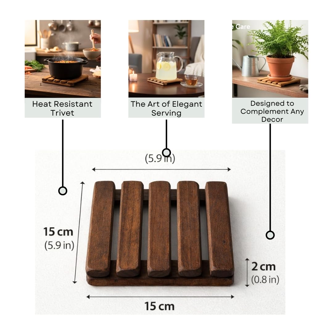 Wooden Trivet – Trivets for Hot Pots and Pans, 15×15 cm Heat Resistant Solid Acacia Wood, Durable Kitchen & Table Protector, Premium Handmade – LO-MAS