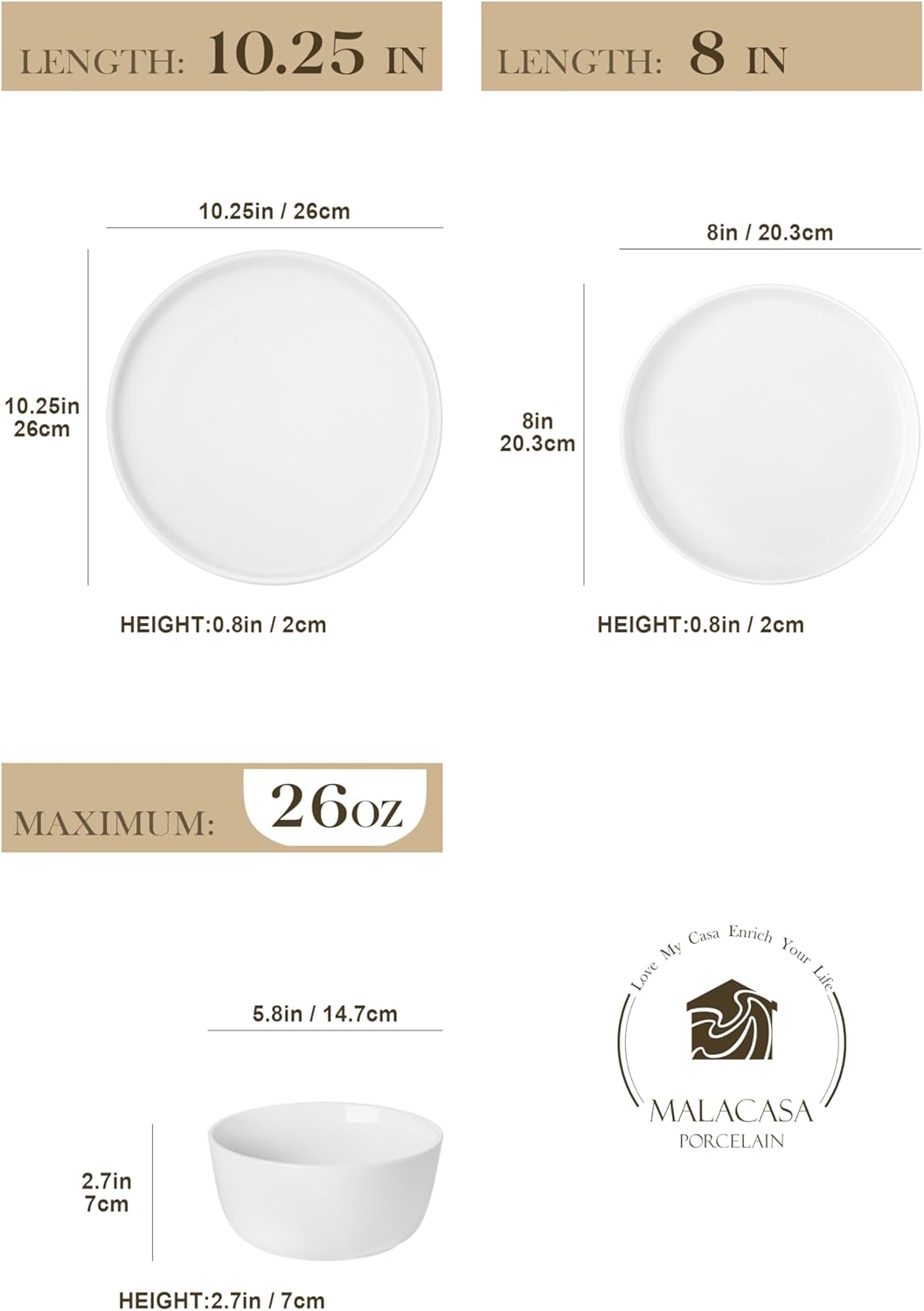 MALACASA 24-Piece Gourmet Porcelain Dinnerware Set | Premium Chip & Scratch Resistant Plates & Bowls for 8 - White, Series LEXI
