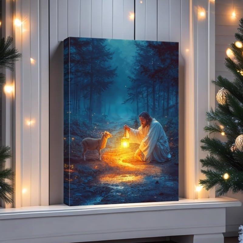 Ploceiny Christian Wall Art | Jesus Running After Lost Lamb Canvas Print | 16" x 24" Home Decor