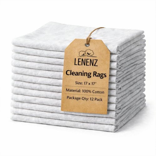 Lenenz 12 Pack New Lint Free Rags,100% Cotton Cloth for Cleaning, Soft Cloth Tshirt Material for Cast Iron Staining Wood, Dust Rags, Shoe Polishing, for Household, Automotive & Industrial Use 17x17