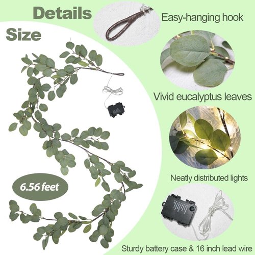 Eucalyptus Garland with 96 LED Lights - 6.56FT Battery Operated | 8 Modes & Timer for Home Decor