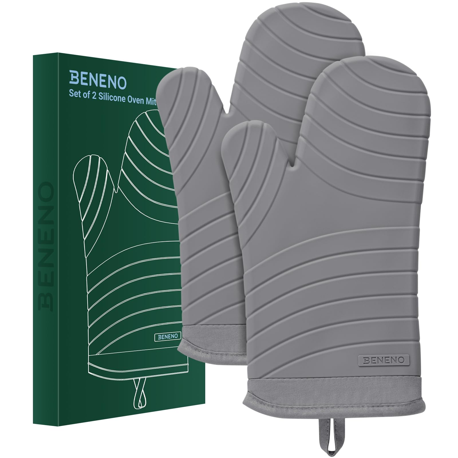 Beneno BPA-Free Silicone Oven Mitt 2-Pack Set, Heat Resistant 500°F Oven Mitts with Non-Slip Grip, Soft Thicker Lining, 7"x13", Gray