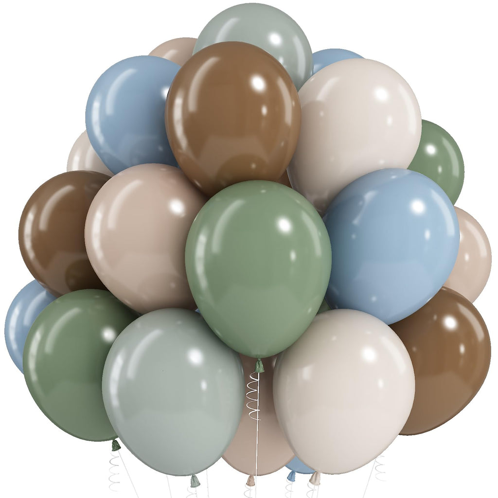Sage Green Blue Brown Balloons, 60PCS Dinosaur Safari Dusty Blue Olive Green Coffee Beige Eucalyptus Latex Balloon Jungle Hunting Balloons for Woodland Dino Boho Baby Shower Birthday Party Decorations