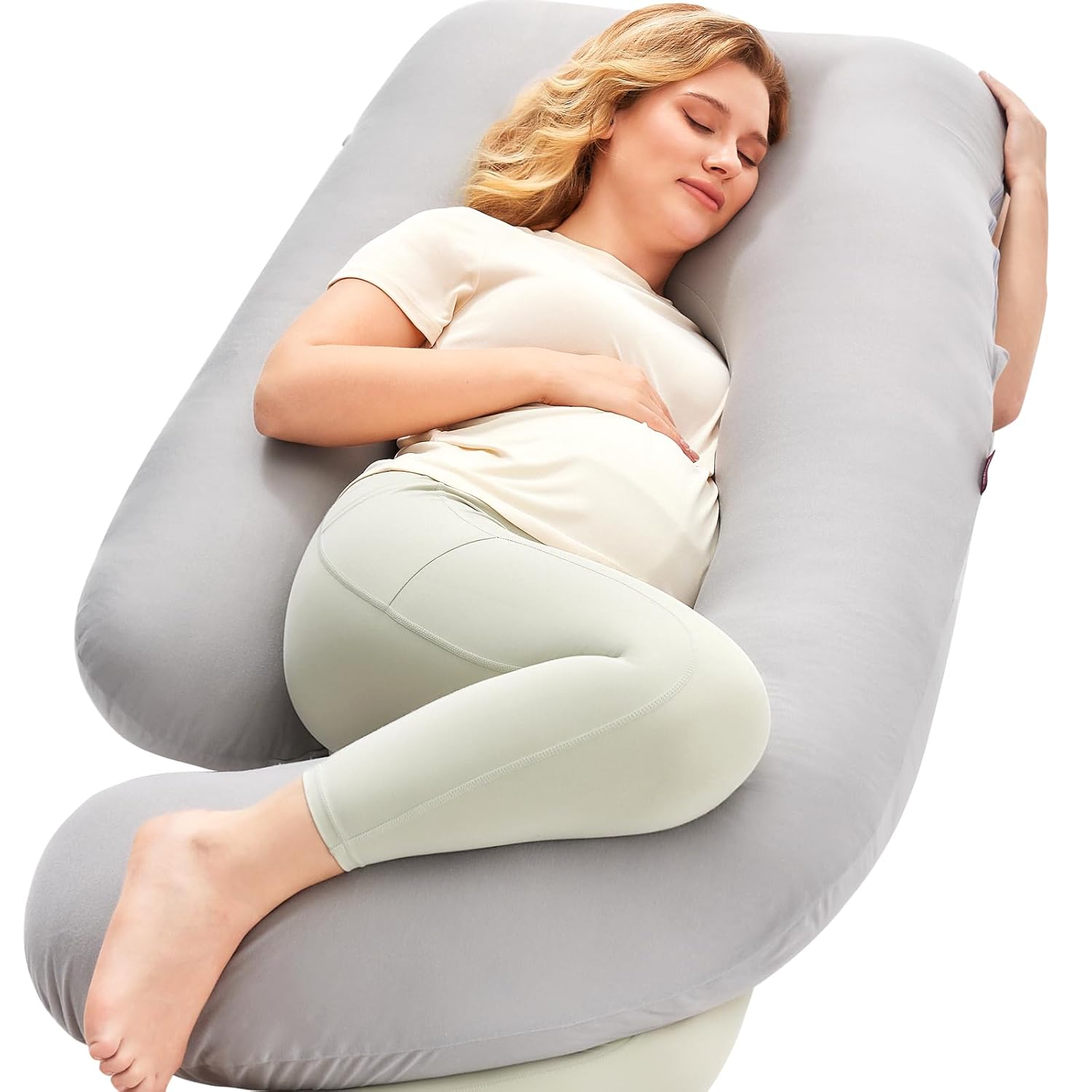 Momcozy U Shaped Pregnancy Pillow - Full Body Support with Removable Jersey Cotton Cover, 57 Inch, Grey