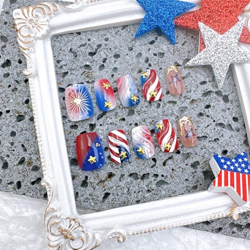 4th of July Press on Nails Short Square American Flag Star Fake Nails