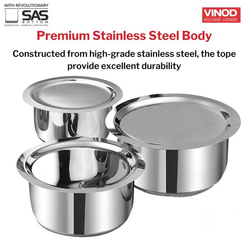 Vinod Stainless Steel 3 pc Pot Set with Capacity of 1.4 litres, 1.8 litres & 2.2 litres with Stainless Steel Lids (Gas Stove and Induction Friendly) - Silver,
