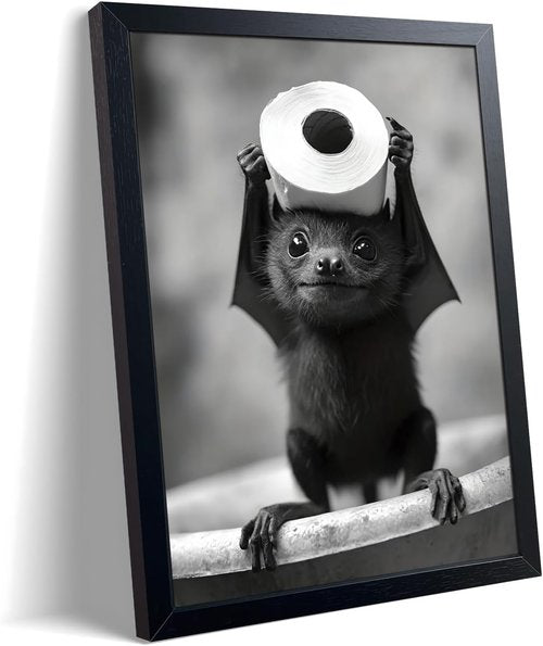 ARKZSHO Black and White Bathroom Wall Art - Funny Bats Canvas Print | Cute Animal Decor (Framed 10''x8'')
