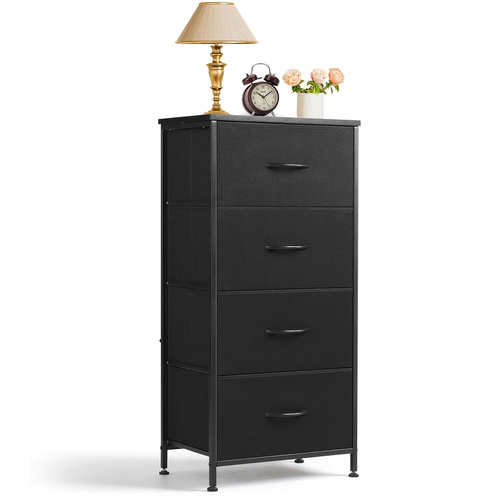 Regine Switzerland Nightstand - 4 Drawer Dresser with Wooden Top & Steel Frame | Black Fabric Bins for Bedroom & Living Room