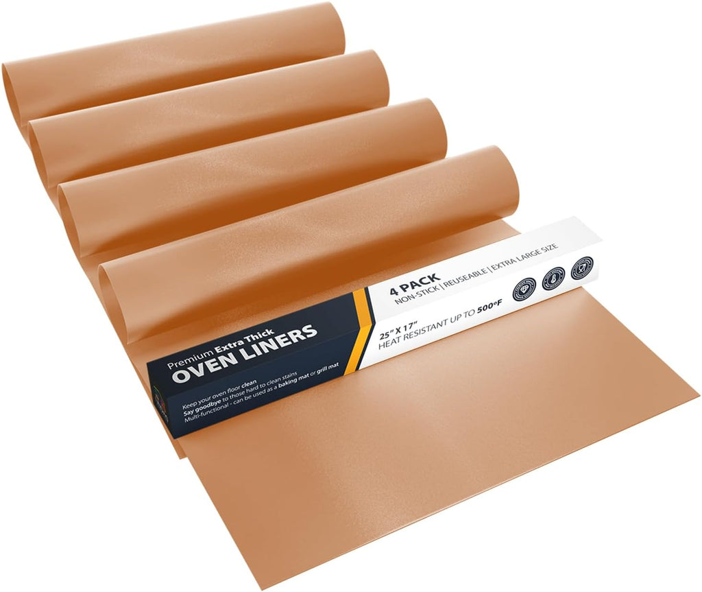 Skiennix Oven Liners - 4 Pack Heavy Duty Non-Stick Mats, 17”x25” | BPA & PFOA Free Copper Kitchen Accessory