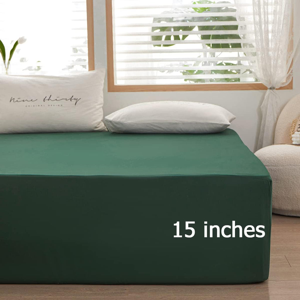 Skiennix Queen Size Fitted Sheet - Soft Microfiber, 15-Inch Deep Pocket, Dark Green, Fade Resistant