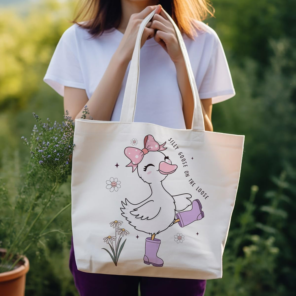 Silly Goose Canvas Tote Bag With Inner Pockets,Cute Reusable Bag for Lunch Grocery Shopping and Beach,Women Lady Canvas Cotton Tote,Birthday Gifts for Goose Lovers
