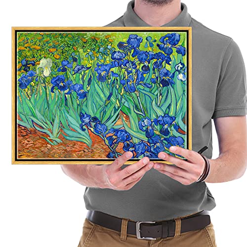 Wieco Art Framed Wall Art Canvas Prints Irises By Van Gogh Famous Flowers Oil Paintings Reproduction Abstract Canvas Prints for Home Living Room Decorations Bronze Gold Frame