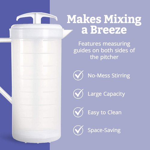 JBK Pottery 2-Quart White Mixing Pitcher with Plunger – BPA-Free Plastic Jug for Juice, Milk, Tea, Shakes, and More – Dishwasher-Safe, Spill-Proof Lid, Smart Stirring Design, 2 Pack
