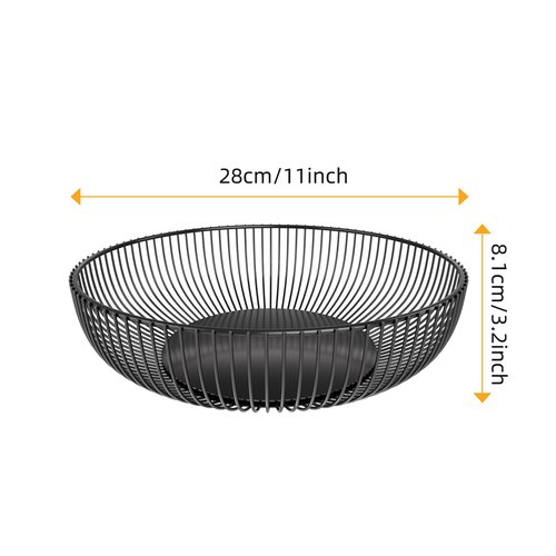 Simple Trending Round Metal Fruit Basket Bowl for Kitchen Counter - Rust-Proof, Non-Slip & Breathable Wire Organizer for Fruits, Veggies, Snacks, Black (11“ Diameter x 3.2” H)
