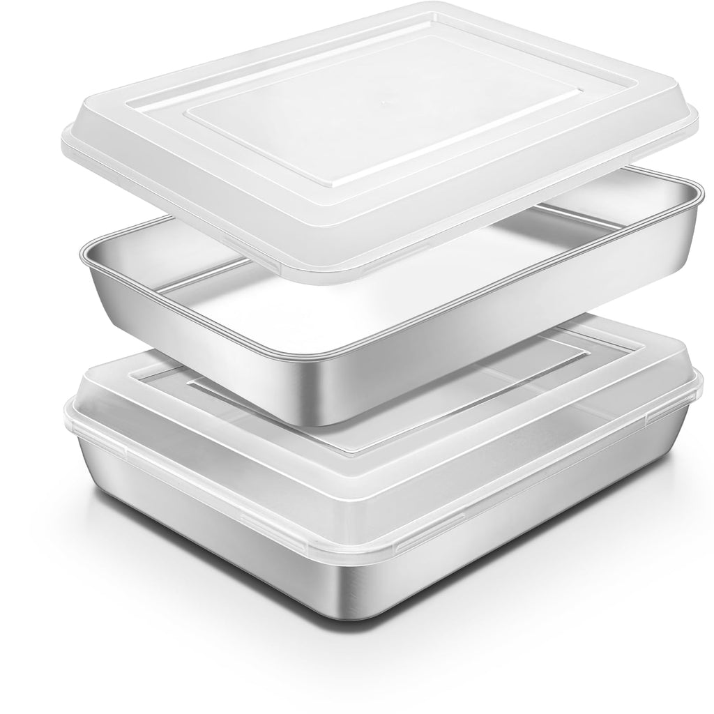 Blingco Stainless Steel Baking Pan with Lid, 12⅓ x 9¾ x 2 Inch Deep Rectangle Cake Pans with Cover for Cakes, Brownies, Cookies, Deep Side & Heavy Duty,Dishwasher & fridge & Oven Safe(2 Pans + 2 Lids)