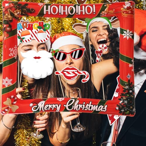 Christmas Photo Booth Props Set with Inflatable Selfie Frame - Holiday Party Decorations