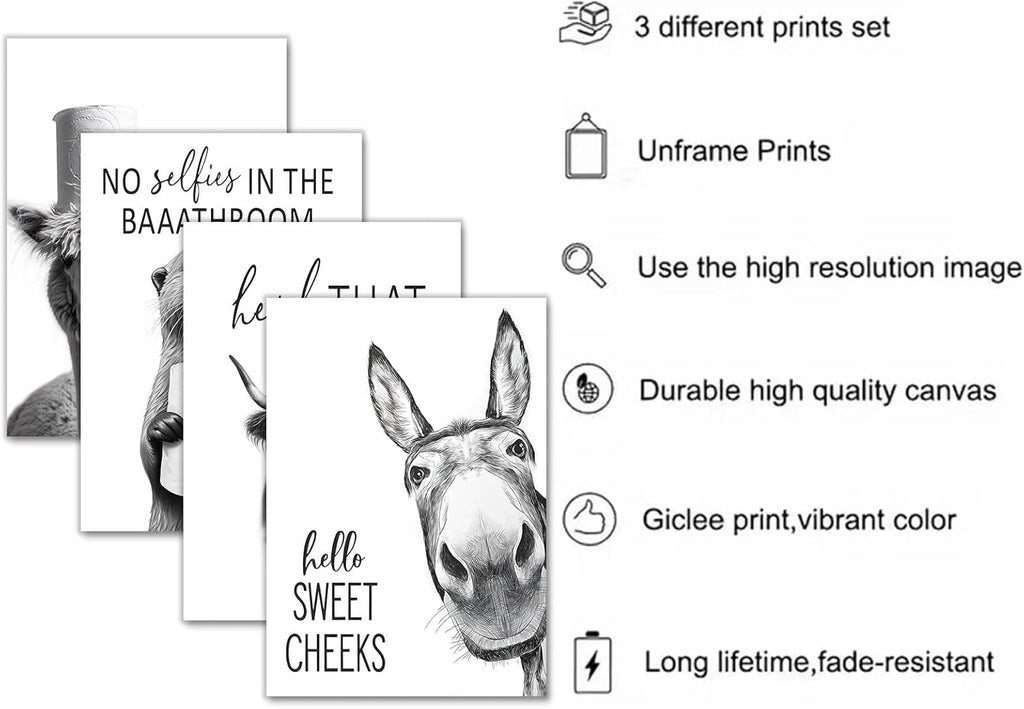 Regine Switzerland Funny Bathroom Wall Art - Rustic Black and White Animal Prints | Unframed 8x10 Inch Set of 4