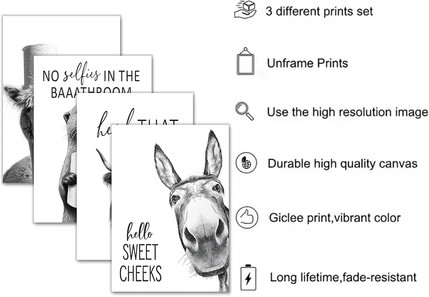 Regine Switzerland Funny Bathroom Wall Art - Rustic Black and White Animal Prints | Unframed 8x10 Inch Set of 4