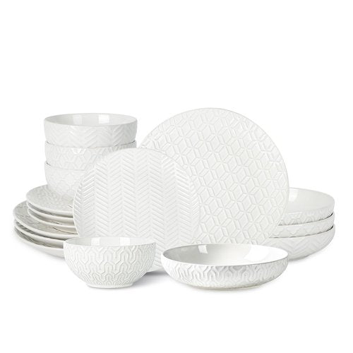Sureasy Ceramic Dinnerware Set for 4-16 Pieces Embossed Plates and Bowls Sets, Scratch Resistant Dish Set, Microwave, Oven & Dishwasher Safe, White
