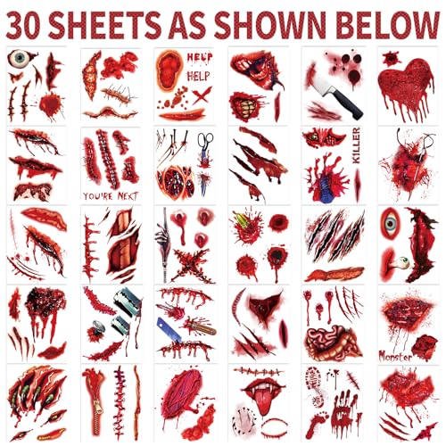 XZENTIRA 30 Sheets Halloween Zombie Temporary Tattoos Fake Scars Wounds